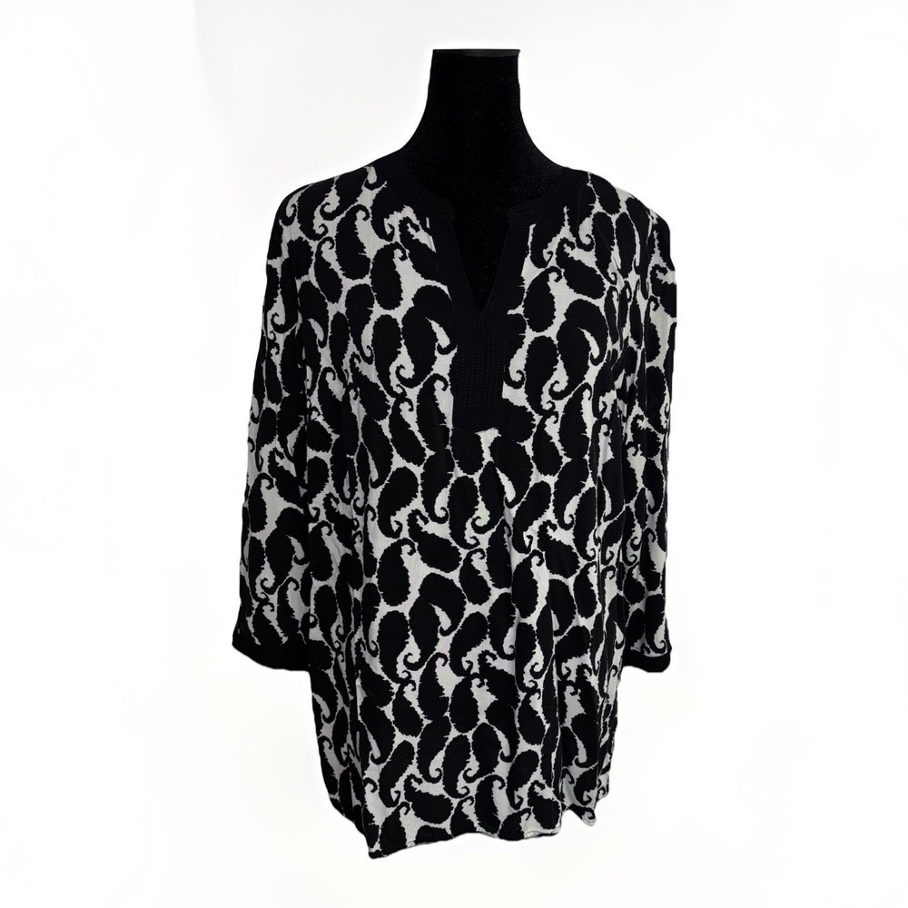 Talbots Black White Paisley‎ Rayon 3/4 Sleeve V-neck Blouse Tunic Top Size Med